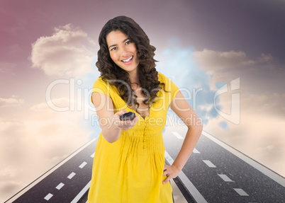 Composite image of smiling curly haired pretty woman changing ch