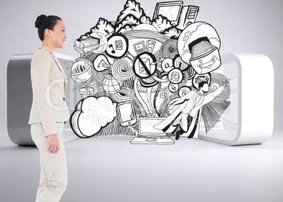 Composite image of smiling asian businesswoman walking Composite image of smiling asian businesswoman walking