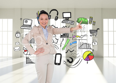 Composite image of smiling asian businesswoman pointing