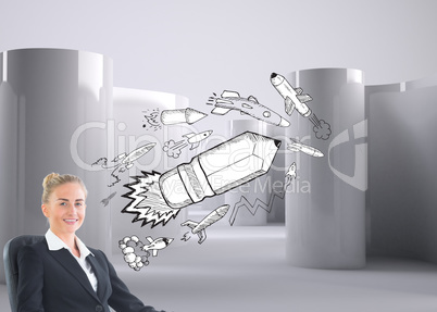 Composite image of businesswoman sitting on swivel chair in blac