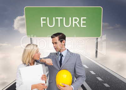 Composite image of architects with plans and hard hat looking at