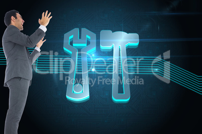 Composite image of stressed businessman with arms raised