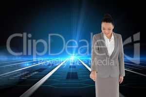 Composite image of smiling asian businesswoman pointing