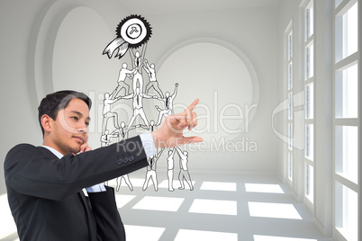 Composite image of thoughtful asian businessman pointing