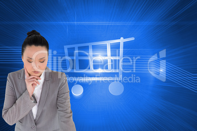 Composite image of thoughtful asian businesswoman pointing