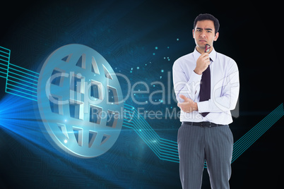 Composite image of thinking businessman holding glasses