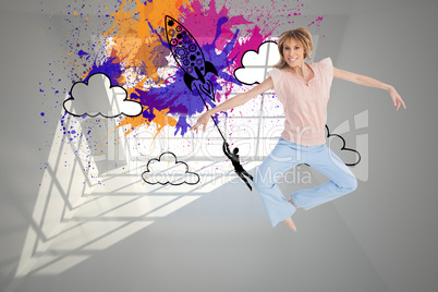 Composite image of woman jumping and opening arms