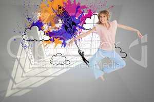Composite image of woman jumping and opening arms