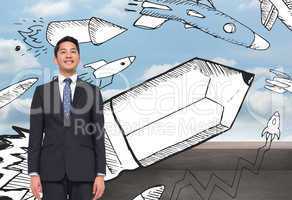 Composite image of happy businessman looking up