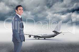 Composite image of smiling businessman standing