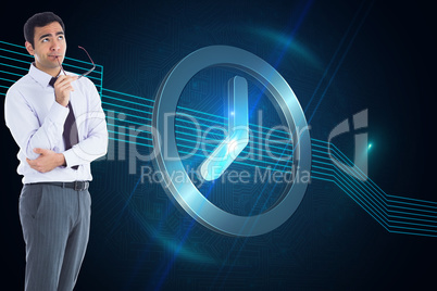 Composite image of thinking businessman holding glasses