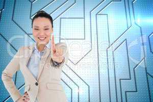 Composite image of smiling asian businesswoman pointing