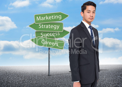 Composite image of illustration of signposts with marketing term