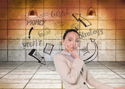 Composite image of thoughtful asian businesswoman pointing