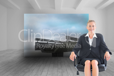 Composite image of businesswoman sitting on swivel chair in blac