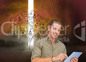 Composite image of happy man using tablet pc