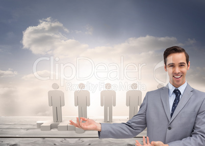 Composite image of young businessman presenting something