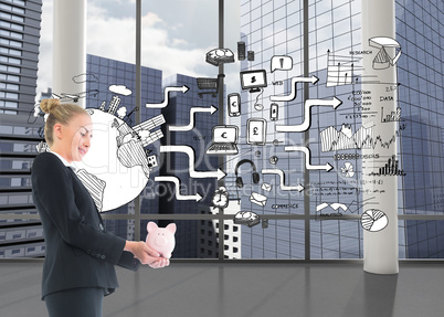 Composite image of businesswoman holding pink piggy bank