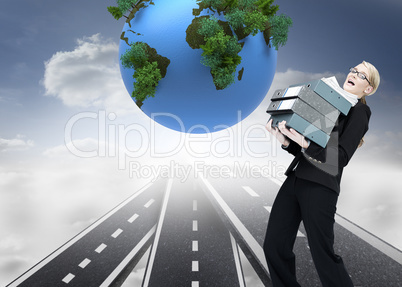 Composite image of businesswoman carrying folders