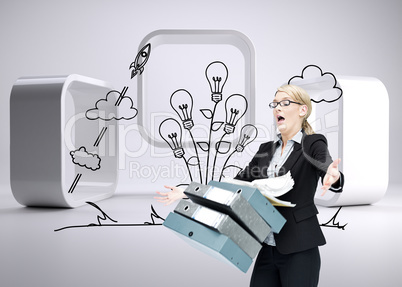 Composite image of businesswoman dropping many folders