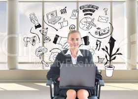 Composite image of businesswoman sitting on swivel chair with la