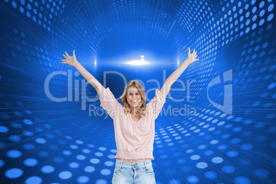 Composite image of full length shot of a smiling woman with her