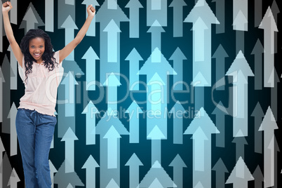 Composite image of a young happy woman stands with her hands in