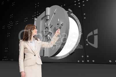 Composite image of brunette businesswoman pulling