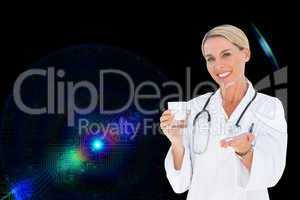 Composite image of happy doctor holding out pills and water glas