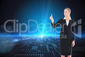 Composite image of young blonde business woman pointing