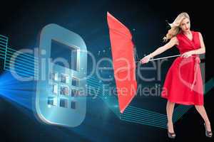 Composite image of elegant blonde holding umbrella