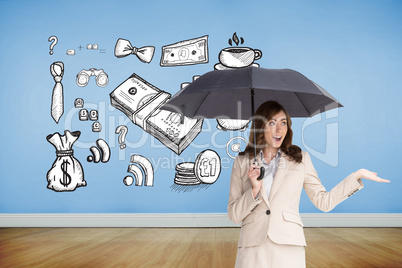 Composite image of elegant businesswoman holding black umbrella