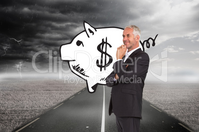 Composite image of happy businessman looking away