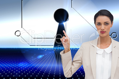 Composite image of serious businesswoman with hands up
