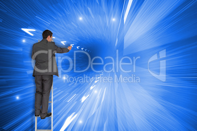 Composite image of businessman standing on ladder