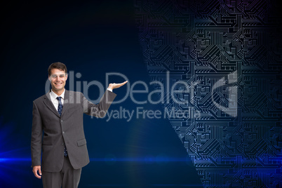 Composite image of happy businessman presenting