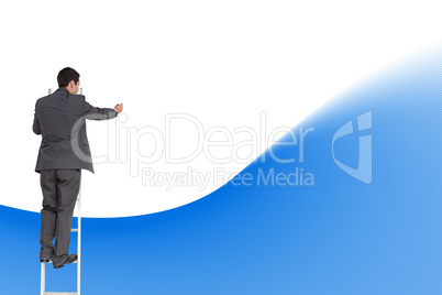 Composite image of businessman standing on ladder