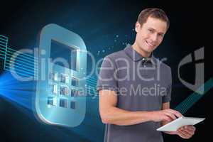 Composite image of smiling young man with tablet computer