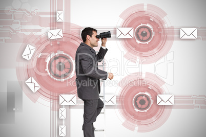 Composite image of businessman standing on ladder