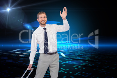 Composite image of handsome businessman with suitcase waving