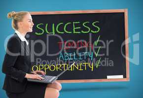 Composite image of businesswoman using laptop