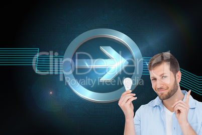 Composite image of charming model holding a bulb in right hand