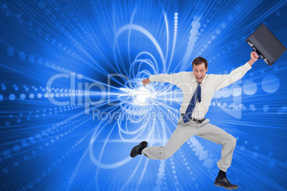 Composite image of cheerful jumping businessman with his suitcas