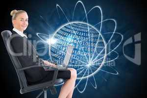 Composite image of businesswoman sitting on swivel chair with la