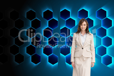 Composite image of smiling businesswoman walking