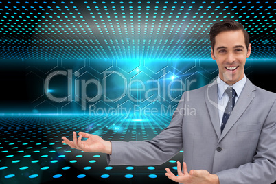 Composite image of young businessman presenting something