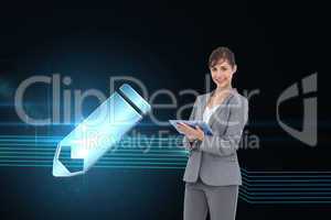 Composite image of smiling businesswoman with tablet computer