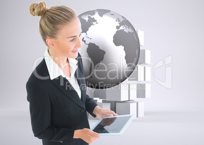 Composite image of businesswoman holding new tablet