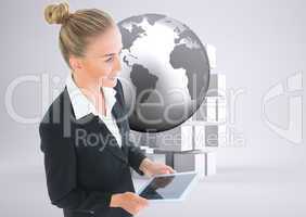 Composite image of businesswoman holding new tablet