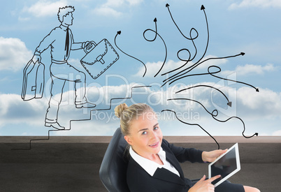 Composite image of businesswoman sitting on swivel chair with ta